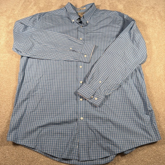 LL Bean Mens Long Sleeve Button Up Shirt XL Tall Blue Checkered Cotton - Picture 2 of 8